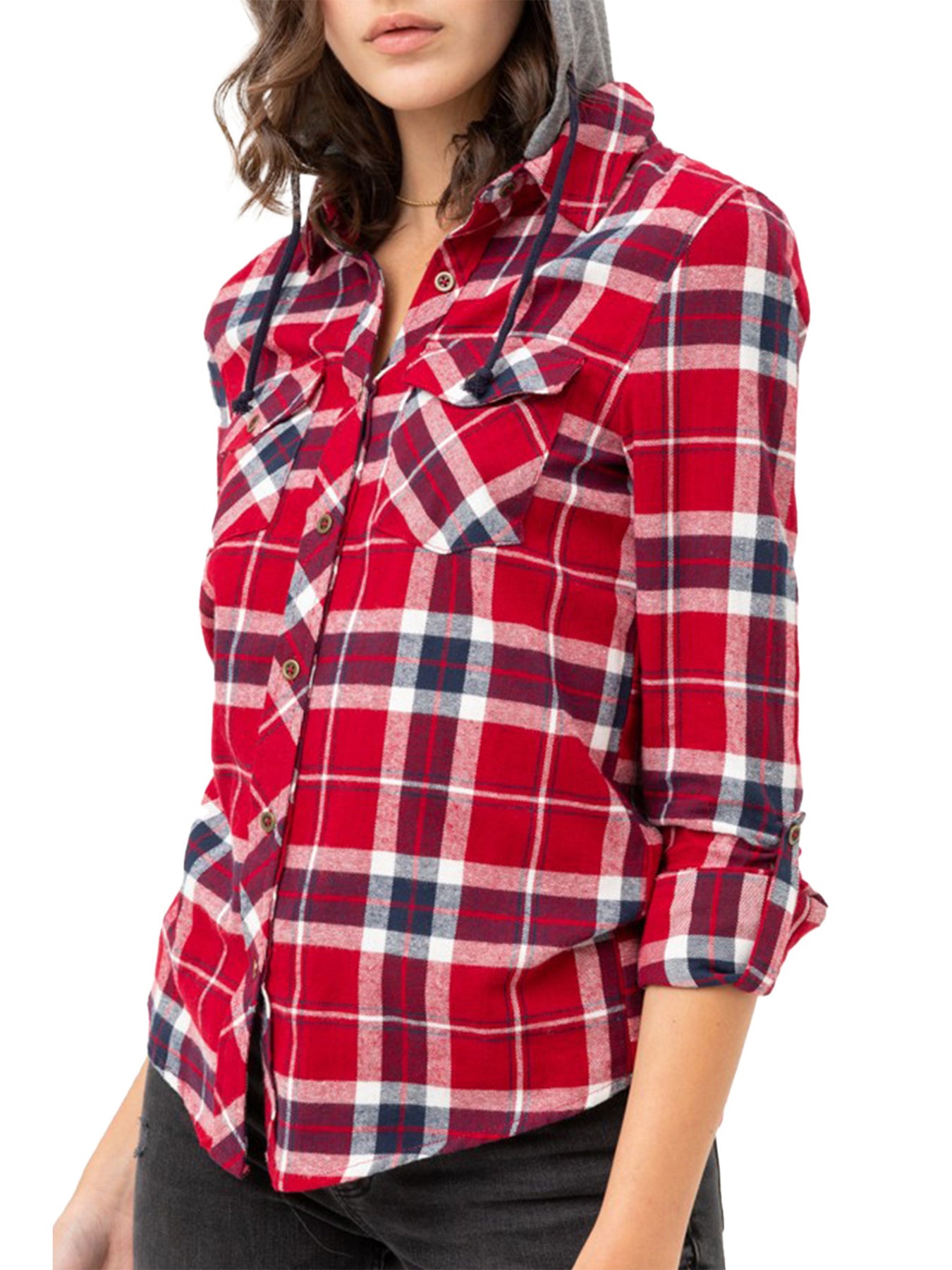 Women s Long Sleeve Checker Plaid Button Down Flannel Hoodie Shirt